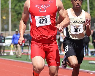 Chad Zallow(429) of Youngstown State, competes in the men's 100 meter dash final during the final day of the Horizon League Track & Field Championships at Farmers National Bank Field at Youngstown State, Sunday, May 7, 2017 in Youngstown. Zallow placed first with a time of 10.59..(Nikos Frazier | The Vindicator)