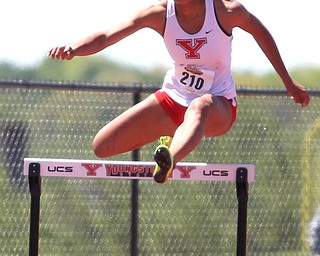 Taylor McDonald(210) of Youngstown State, competes in the women's 400 meter hurdles final during the final day of the Horizon League Track & Field Championships at Farmers National Bank Field at Youngstown State, Sunday, May 7, 2017 in Youngstown.  McDonald placed first with a time of 1:00.91...(Nikos Frazier | The Vindicator)