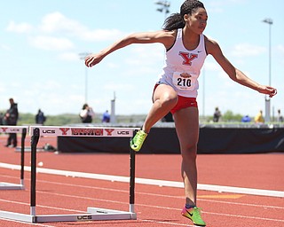Taylor McDonald(210) of Youngstown State, competes in the women's 400 meter hurdles final during the final day of the Horizon League Track & Field Championships at Farmers National Bank Field at Youngstown State, Sunday, May 7, 2017 in Youngstown.  McDonald placed first with a time of 1:00.91...(Nikos Frazier | The Vindicator)