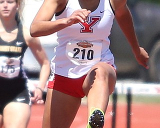 Taylor McDonald(210) of Youngstown State, competes in the women's 400 meter hurdles final during the final day of the Horizon League Track & Field Championships at Farmers National Bank Field at Youngstown State, Sunday, May 7, 2017 in Youngstown.  McDonald placed first with a time of 1:00.91...(Nikos Frazier | The Vindicator)