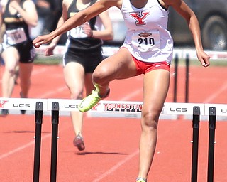 Taylor McDonald(210) of Youngstown State, competes in the women's 400 meter hurdles final during the final day of the Horizon League Track & Field Championships at Farmers National Bank Field at Youngstown State, Sunday, May 7, 2017 in Youngstown.  McDonald placed first with a time of 1:00.91...(Nikos Frazier | The Vindicator)