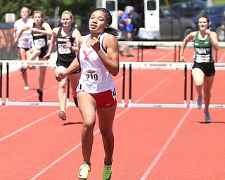 Taylor McDonald(210) of Youngstown State, competes in the women's 400 meter hurdles final during the final day of the Horizon League Track & Field Championships at Farmers National Bank Field at Youngstown State, Sunday, May 7, 2017 in Youngstown.  McDonald placed first with a time of 1:00.91...(Nikos Frazier | The Vindicator)