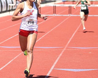 Taylor McDonald(210) of Youngstown State, competes in the women's 400 meter hurdles final during the final day of the Horizon League Track & Field Championships at Farmers National Bank Field at Youngstown State, Sunday, May 7, 2017 in Youngstown.  McDonald placed first with a time of 1:00.91...(Nikos Frazier | The Vindicator)