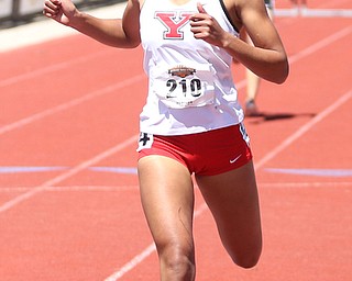 Taylor McDonald(210) of Youngstown State, competes in the women's 400 meter hurdles final during the final day of the Horizon League Track & Field Championships at Farmers National Bank Field at Youngstown State, Sunday, May 7, 2017 in Youngstown.  McDonald placed first with a time of 1:00.91...(Nikos Frazier | The Vindicator)