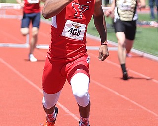 Collin Harden(403) of Youngstown State, competes in the men's 400 meter hurdles final during the final day of the Horizon League Track & Field Championships at Farmers National Bank Field at Youngstown State, Sunday, May 7, 2017 in Youngstown.  Harden placed first with a time of 52.03...(Nikos Frazier | The Vindicator)