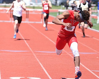Collin Harden(403) of Youngstown State, competes in the men's 400 meter hurdles final during the final day of the Horizon League Track & Field Championships at Farmers National Bank Field at Youngstown State, Sunday, May 7, 2017 in Youngstown.  Harden placed first with a time of 52.03...(Nikos Frazier | The Vindicator)