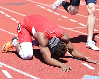 Collin Harden(403) of Youngstown State, competes in the men's 400 meter hurdles final during the final day of the Horizon League Track & Field Championships at Farmers National Bank Field at Youngstown State, Sunday, May 7, 2017 in Youngstown.  Harden placed first with a time of 52.03...(Nikos Frazier | The Vindicator)