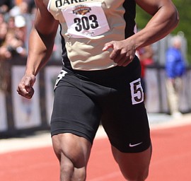 Aaron Davis(303) of Oakland, competes in the men's 200 meter dash final during the final day of the Horizon League Track & Field Championships at Farmers National Bank Field at Youngstown State, Sunday, May 7, 2017 in Youngstown.  Davis placed first with a time of 21.49...(Nikos Frazier | The Vindicator)