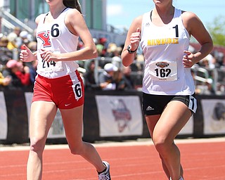 Erin Pavik(214) of Youngstown State and Alexis Willems(162) of Milwaukee, compete in the women's 5000 meter run final during the final day of the Horizon League Track & Field Championships at Farmers National Bank Field at Youngstown State, Sunday, May 7, 2017 in Youngstown.  ..(Nikos Frazier | The Vindicator)