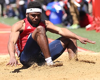 Shaun Wollenweber(283) of UIC, competes in the men's triple jump final during the final day of the Horizon League Track & Field Championships at Farmers National Bank Field at Youngstown State, Sunday, May 7, 2017 in Youngstown.  ..(Nikos Frazier | The Vindicator)