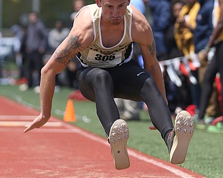 Brandon Davis(305) of Oakland, competes in the men's triple jump final during the final day of the Horizon League Track & Field Championships at Farmers National Bank Field at Youngstown State, Sunday, May 7, 2017 in Youngstown.  ..(Nikos Frazier | The Vindicator)