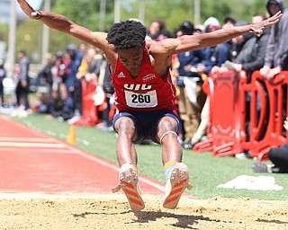 Larnell Brown(260) of UIC, competes in the men's triple jump final during the final day of the Horizon League Track & Field Championships at Farmers National Bank Field at Youngstown State, Sunday, May 7, 2017 in Youngstown.  ..(Nikos Frazier | The Vindicator)