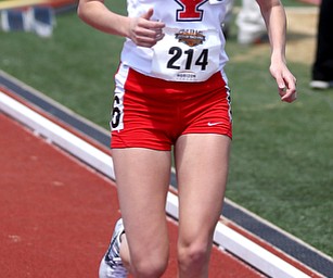 Erin Pavick(214) of Youngstown State, competes in the women's 5000 meter run final during the final day of the Horizon League Track & Field Championships at Farmers National Bank Field at Youngstown State, Sunday, May 7, 2017 in Youngstown.  ..(Nikos Frazier | The Vindicator)