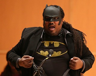 Ronald Shadd, Youngstown City Schools Board Member, shows off his favorite superhero, Batman, during the Youngstown Early College graduation at Ford Recital Hall at DeYor Performing Arts Center, Sunday, May 7, 2017 in Youngstown. ..(Nikos Frazier | The Vindicator)