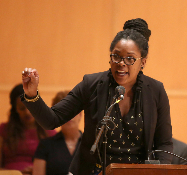 Keynote speaker Dr. Tiffany Anderson, Assistant Professor Youngstown State, speaks during the Youngstown Early College graduation at Ford Recital Hall at DeYor Performing Arts Center, Sunday, May 7, 2017 in Youngstown. ..(Nikos Frazier | The Vindicator)