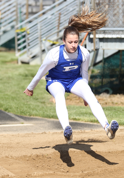 Veronica Perex(807) of Poland, competes in the Girl's Long Jump during the AAC Chamionship Track & Field Meet at Poland High School, Monday, May 8, 2017 in Poland. ..(Nikos Frazier | The Vindicator)