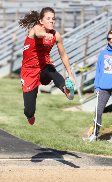 Susie Platt(405) of Jefferson, competes in the Girl's Long Jump during the AAC Chamionship Track & Field Meet at Poland High School, Monday, May 8, 2017 in Poland. ..(Nikos Frazier | The Vindicator)
