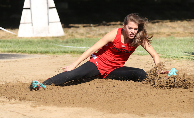 Susie Platt(405) of Jefferson, competes in the Girl's Long Jump during the AAC Chamionship Track & Field Meet at Poland High School, Monday, May 8, 2017 in Poland. ..(Nikos Frazier | The Vindicator)