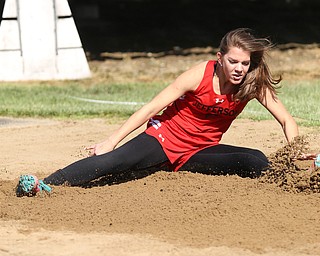 Susie Platt(405) of Jefferson, competes in the Girl's Long Jump during the AAC Chamionship Track & Field Meet at Poland High School, Monday, May 8, 2017 in Poland. ..(Nikos Frazier | The Vindicator)