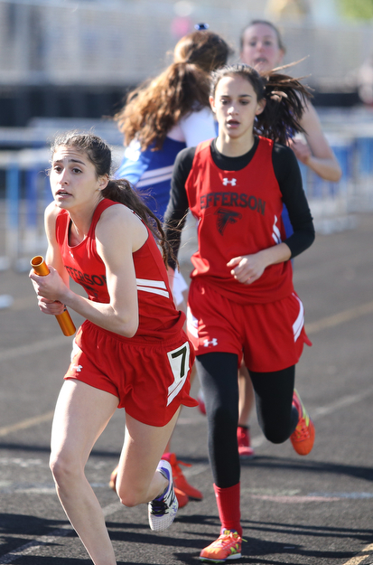 Nikki Squatrito(435) of Jefferson High School, competes in the Girls 4x800 meter relay during the AAC Chamionship Track & Field Meet at Poland High School, Monday, May 8, 2017 in Poland. ..(Nikos Frazier | The Vindicator)