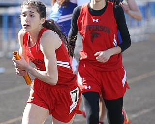 Nikki Squatrito(435) of Jefferson High School, competes in the Girls 4x800 meter relay during the AAC Chamionship Track & Field Meet at Poland High School, Monday, May 8, 2017 in Poland. ..(Nikos Frazier | The Vindicator)