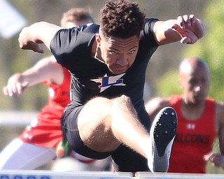 Jatise Garrison(701) of Lakeview, competes in the boy's 110 meter hurdles during the AAC Chamionship Track & Field Meet at Poland High School, Monday, May 8, 2017 in Poland. ..(Nikos Frazier | The Vindicator)