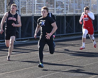 Justin Armstrong(726)(right) of Lakeview and Trent Stocker(805) of Struthers, compete in the boy's 100 meter dash during the AAC Chamionship Track & Field Meet at Poland High School, Monday, May 8, 2017 in Poland. ..(Nikos Frazier | The Vindicator)