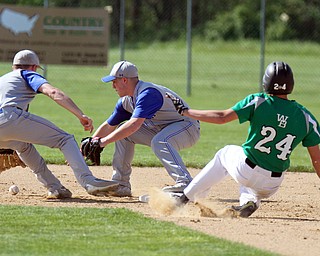 William D Lewis The Vindicator  WB's Connor Hendrick(24) steals 2nd as Hubbard's Rob Love(8) and Dom Hover(11) try to get the ball)  during 5-9-17 game at WB.