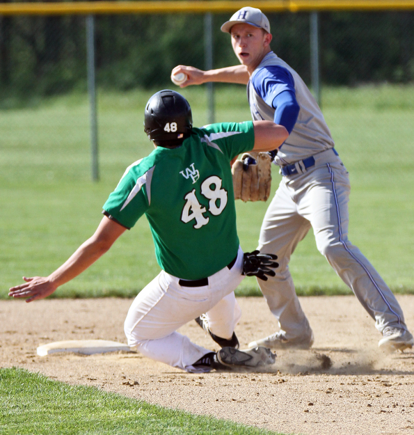 William D Lewis The Vindicator  WB's Jake Lyons(48) as Hubbard's Rob Love(8) turns a double play during 5-9-17 game at WB.