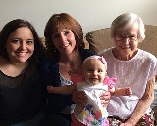 Celebrating Mother’s Day for the last time as four generations in 2014 were Sevasti Gedra, left, and her infant daughter, Emelia Gedra, both of Cortland, along with Sevasti’s mother, Kaye Hadzigeorge of Warren, and her mother, Arlene Gibbs, now deceased, who had lived in Niles.