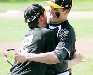William D. Lewis The Vindicator  Crestview's Dylan Dickey(12) and Dylan Huff(2) react during Crestview's win over Columbiana 5-10-17.