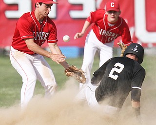 William D Lewis The Vindicator  Crestview's Dylan Huff(2) steals 2nd. Trying to get the ball for Columbiana are Mitch Davidson(2) and Ross Seth (10) during 5-10-17 game.