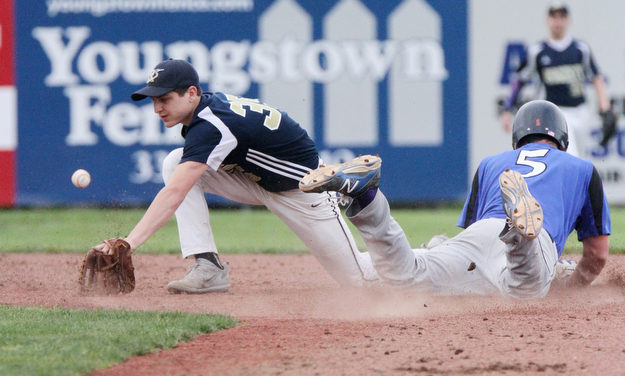 William D. Lewis The Vindicator Jackson Milton Noah Lester(5) steals 2nd as Lowellville's Matt Huisdak(35) misses the throw  delivers during 5-11-17game.