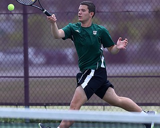 MICHAEL G TAYLOR | THE VINDICATOR- 05-13-17  Tennis -  D2 Tennis Sectional at Boardman High School in Boardman, OH.During the 2nd set of their doubles match, Ursuline's Luke Tsudis hits a winner. Ursuline won the sectional title over Poland.