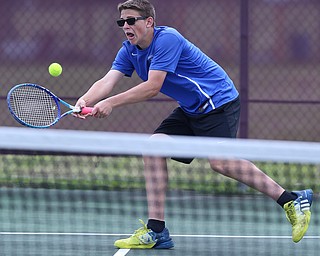 MICHAEL G TAYLOR | THE VINDICATOR- 05-13-17  Tennis -  D2 Tennis Sectional at Boardman High School in Boardman, OH.During their doubles match, Lakeview's John Silbaugh lunges for the ball. Lakeview beat JFK to secure 3rd place.