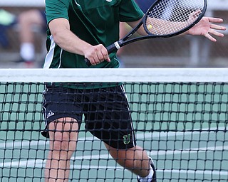 MICHAEL G TAYLOR | THE VINDICATOR- 05-13-17  Tennis -  D2 Tennis Sectional at Boardman High School in Boardman, OH.During the 2nd set of their doubles match, Ursuline's Luke Tsudis hits a volley winner. Ursuline won the sectional title over Poland.