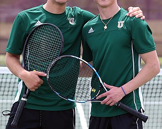 MICHAEL G TAYLOR | THE VINDICATOR- 05-13-17  Tennis -  D2 Tennis Sectional at Boardman High School in Boardman, OH.Ursuline's doubles team of Luke Tsudis (left) and Austin Arfaras win the sectional title over Poland.