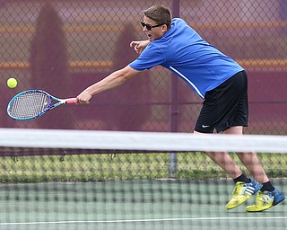 MICHAEL G TAYLOR | THE VINDICATOR- 05-13-17  Tennis -  D2 Tennis Sectional at Boardman High School in Boardman, OH.During their doubles match, Lakeview's John Silbaugh lunges for the ball.Lakeview beat JFK to secure 3rd place.