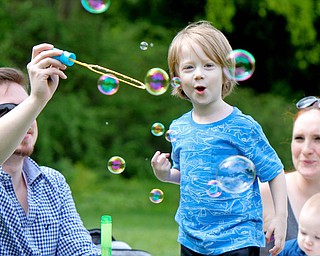 William D. Lewis The Vindicator  Micah Beck, 3, checks out bubbles with his dad Brenton Beck, mom Bethany Beck and brother Levi, 6 months at Fellows Riverside Gardens in Mill Creek Park Sunday May 14,2017. Mothers Day is one of the busiest days of the year at the gardens.