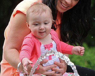 William D. Lewis The Vindicator  Araina Bartos, 1, and her mom Mary Bartos of Boardman check out a fountain at Fellows Rioverside Gardens in Mill Creek Park Sunday MAy 14,2017. Mothers Day is one of the busiest days of the year at the gardens.