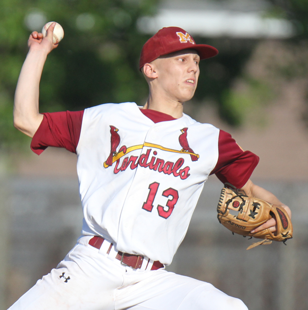 William D. Lewis The Vindicator  Mooney pitcherJohn Mikos(13) delivers during win over Canton CC at Cene 5-16-17