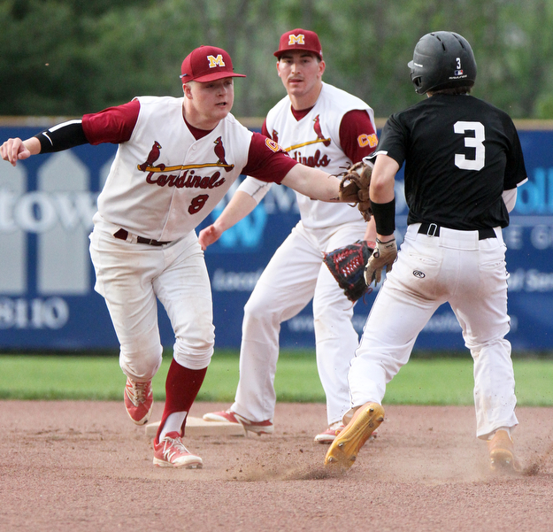 William D. Lewis The Vindicator Mooney's Bryce Richey(8) tags Crestview's Tyler Fitzsimmons(3)  during a first inning double play during 5-17-17 game at Cene. Crestview won 10-3.