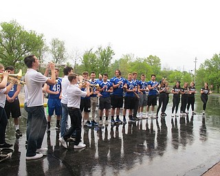 Neighbors | Alexis Bartolomucci.Poland Seminary High School band members, football players and cheerleaders came to Poland Shepherd of the Valley on May 1 to surprise Poland resident Sara Hill-Strock.