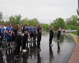 Neighbors | Alexis Bartolomucci.Poland Seminary High School cheerleaders performed several cheers for Sara Hill-Strock, a Poland Shepherd of the Valley resident, during her surprise on May 1.
