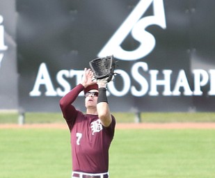 Boardman outfielder Dom Stilliana(7) looks up for the out during the 2nd inning as the Boardman takes on Walsh Jesuit in the Division I District final, Friday, May 19, 2017 at Bob Cene Park in Struthers...(Nikos Frazier | The Vindicator)..
