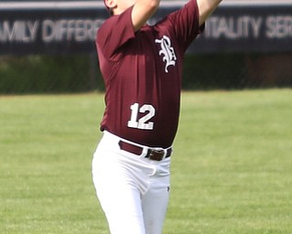 Boardman outfielder Luke Cardillo(12) for the out during the 4th inning as the Boardman takes on Walsh Jesuit in the Division I District final, Friday, May 19, 2017 at Bob Cene Park in Struthers...(Nikos Frazier | The Vindicator)..