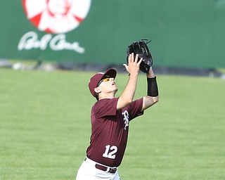 Boardman outfielder Luke Cardillo(12) for the out during the 4th inning as the Boardman takes on Walsh Jesuit in the Division I District final, Friday, May 19, 2017 at Bob Cene Park in Struthers...(Nikos Frazier | The Vindicator)..