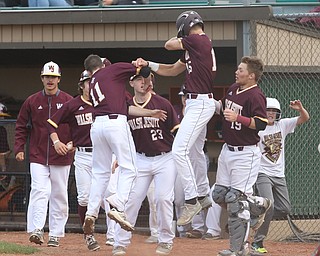 Walsh Jesuit runner Alex Weitman(15) celebrates a run  during the 5th inning as the Boardman takes on Walsh Jesuit in the Division I District final, Friday, May 19, 2017 at Bob Cene Park in Struthers...(Nikos Frazier | The Vindicator)..
