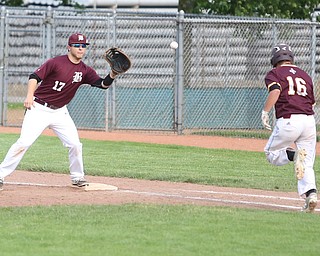 Boardman first baseman Knaus Evan(17) opens up his mitt to out during the 5th inning as the Boardman takes on Walsh Jesuit in the Division I District final, Friday, May 19, 2017 at Bob Cene Park in Struthers...(Nikos Frazier | The Vindicator)..