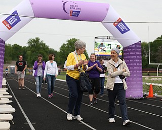 Pat Davis of Boardman(left) and Carol Schmidt of Boardman talk during the Relay for Life event at Boardman Spartan Stadium, Friday, May 19, 2017 in Boardman. ..(Nikos Frazier | The Vindicator)